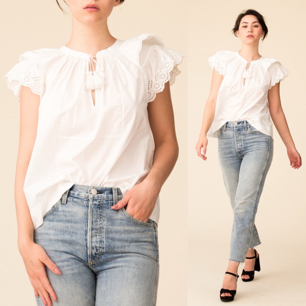 Ulla Johnson “Elm Top” V-Neck Short Eyelets Blouse Shirt off white size 2